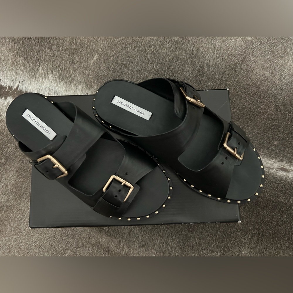 Black leather buckle slide - Saks Fifth Avenue 8.5 new in box